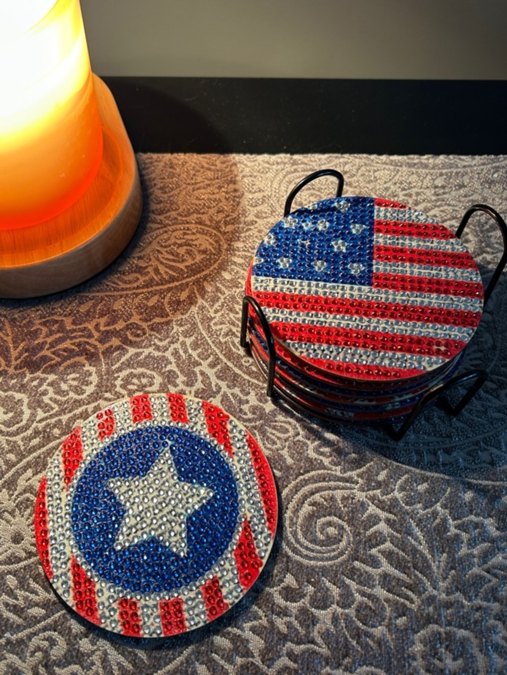 Patriotic Rhinestone Coaster Set - Flag & Star Designs (Red, White, Blue) TV